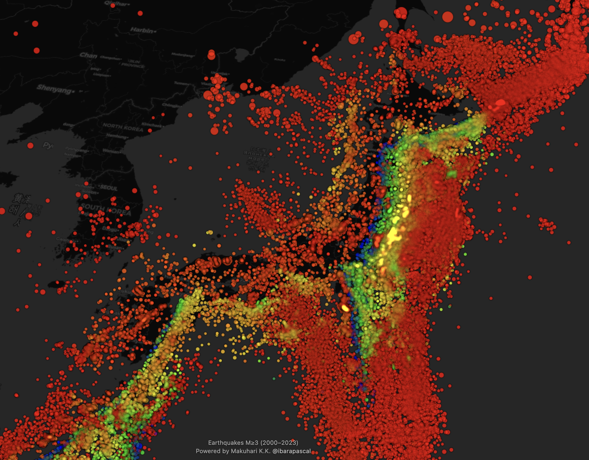 日本周辺の地震データ（M3以上）を地理空間上に可視化