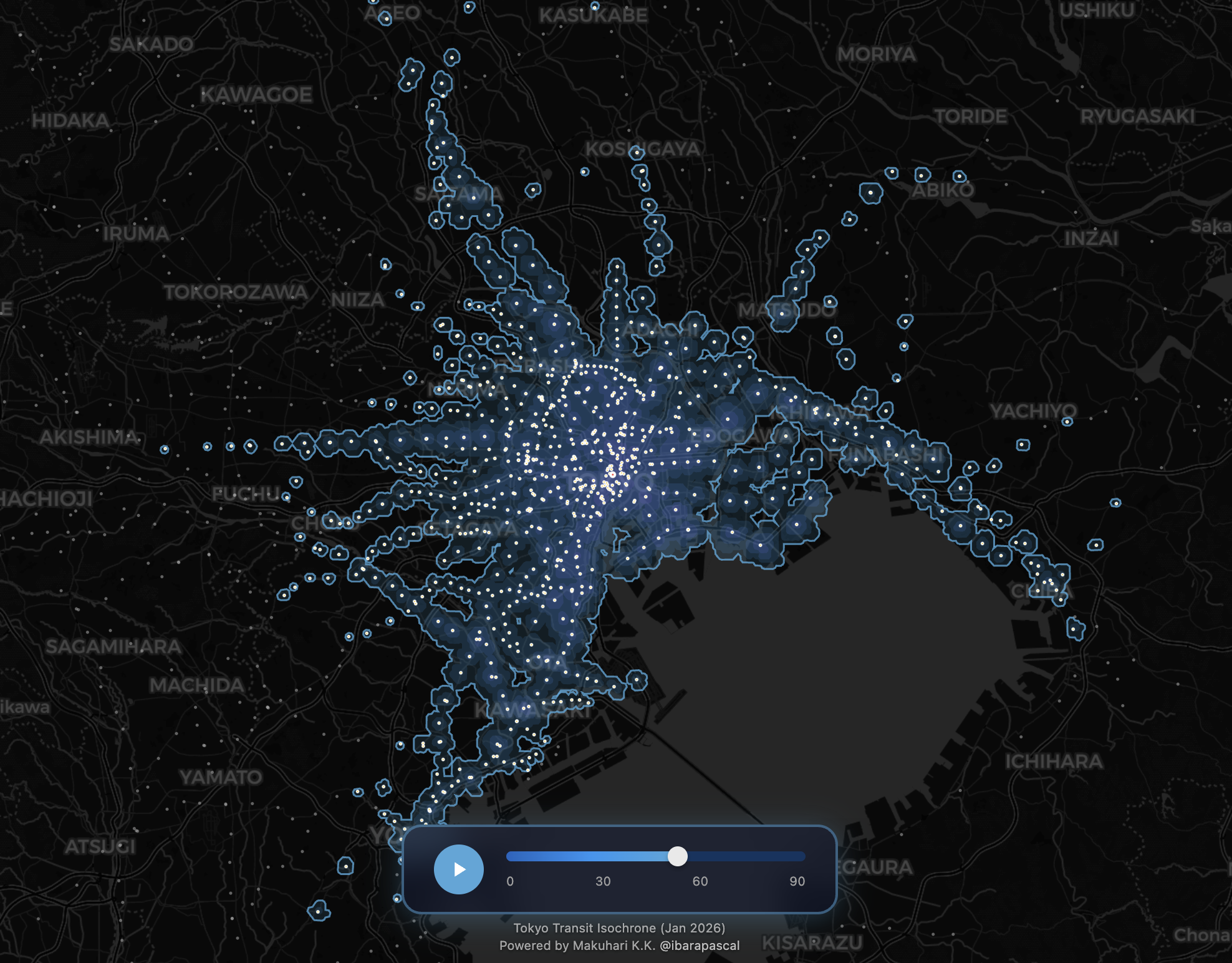 東京圏の公共交通アクセシビリティを時間別に表示するアイソクロンマップ