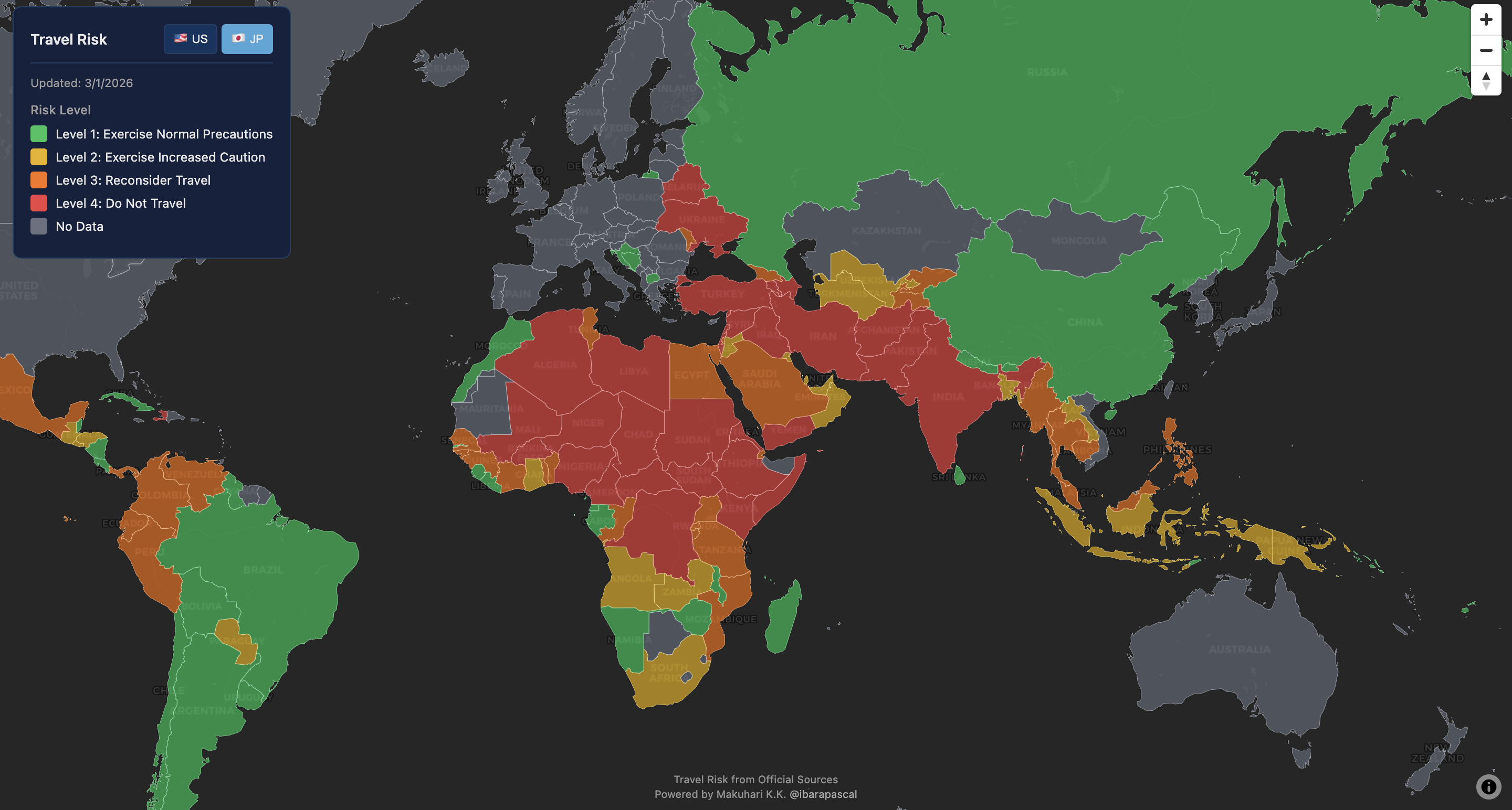 米国・日本の渡航リスクレベルを国別に表示するグローバル安全マップ