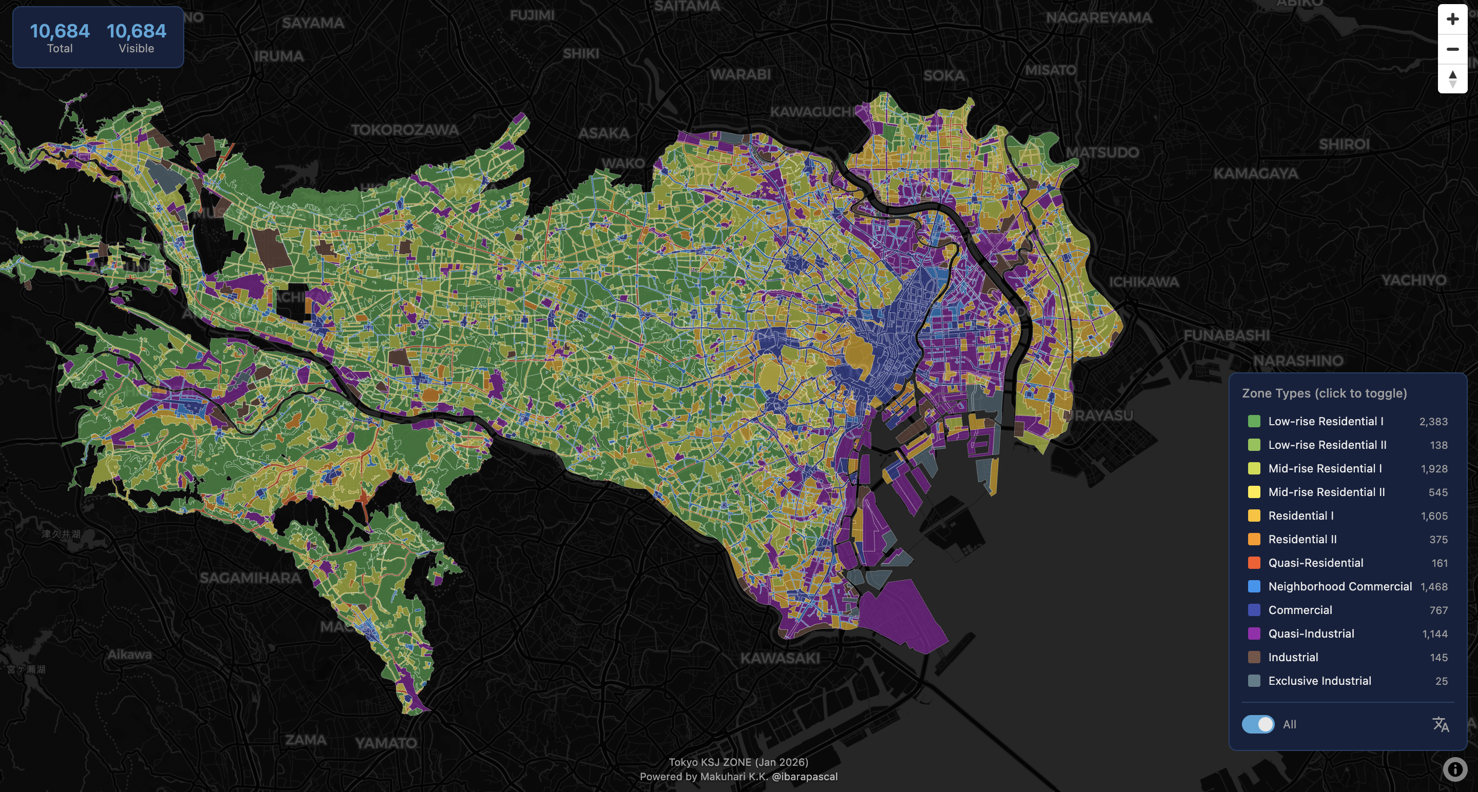東京都の用途地域10,000超ゾーンを色分け表示する都市計画マップ